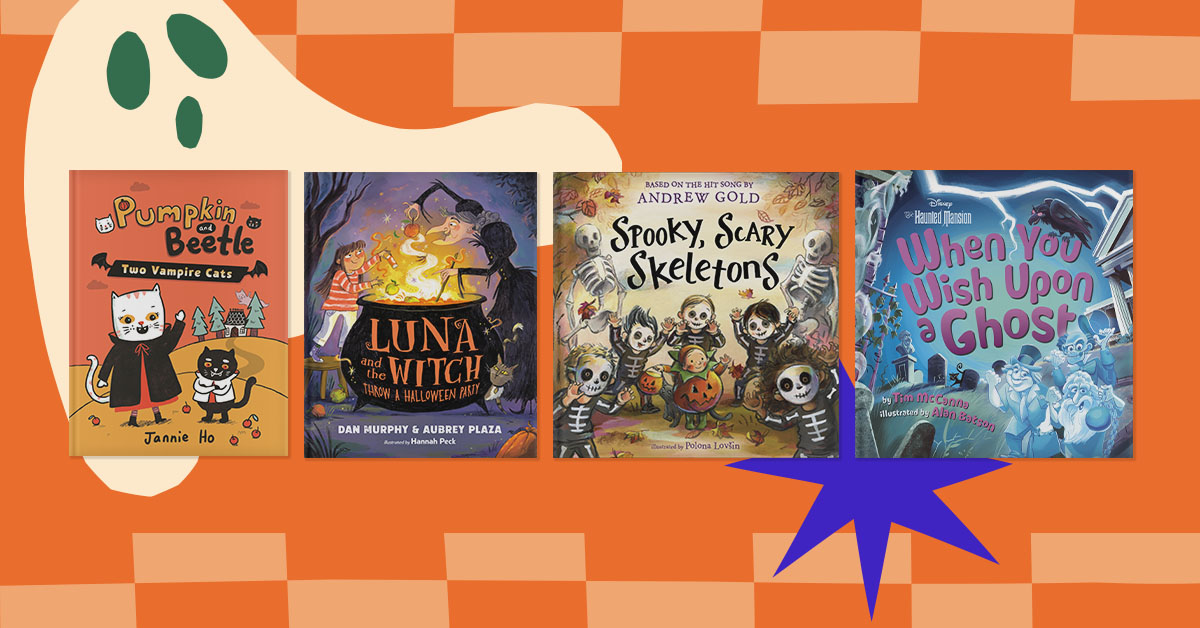 Four book covers; Pumpkin and Beetle, Luna and the Witch, Spooky, Scary Skeletons, When You Wish Upon a Ghost against an orange background