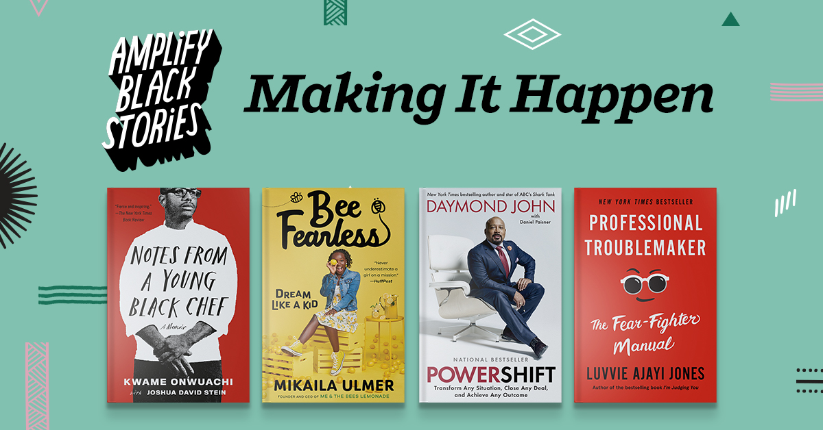 Book covers for Notes From a Young Chef, Bee Fearless, Powershift, and Professional Troublemaker