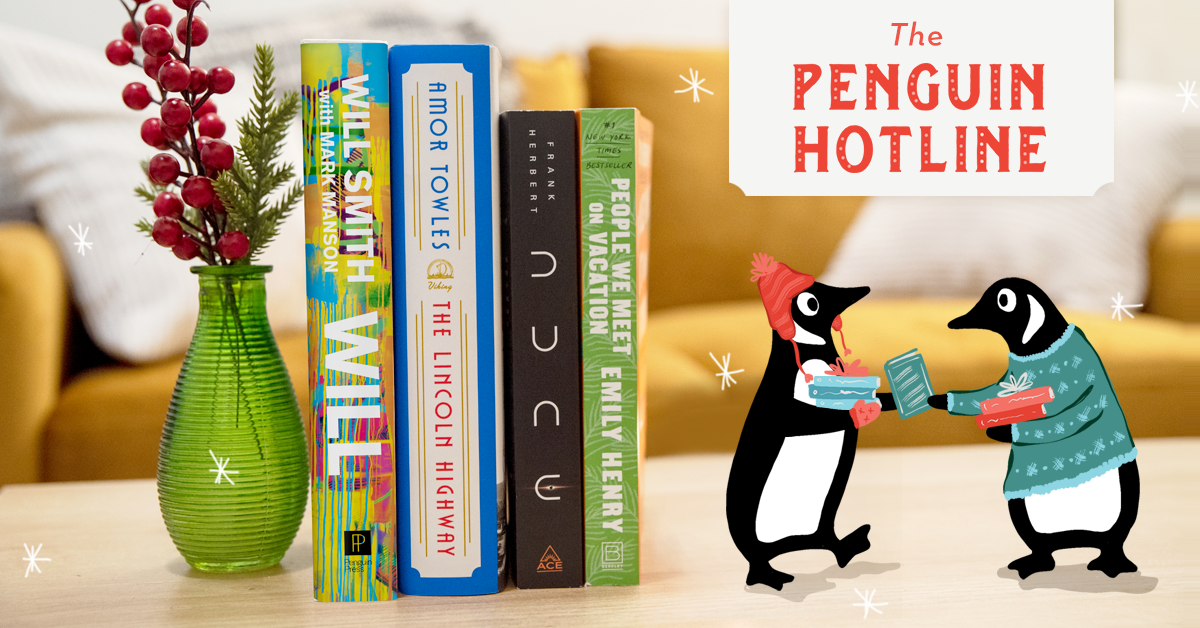 Two holiday penguins giving books