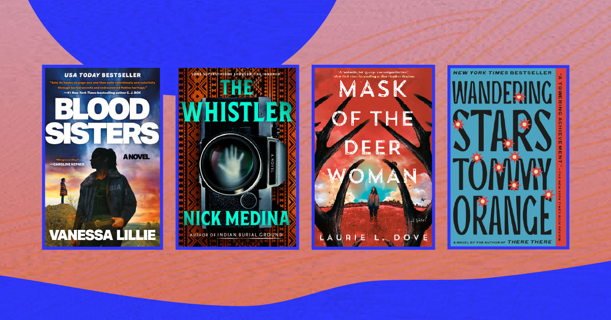 Four book covers; Blood Sisters, The Whistler, Mask of the Deer Woman, Wandering Stars