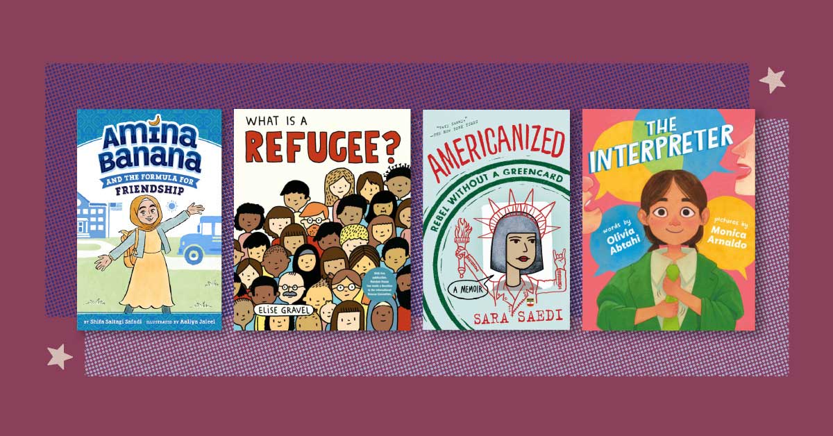 Four book covers; Amina Banana, What is a Refugee?, Americanized, The Interpreter