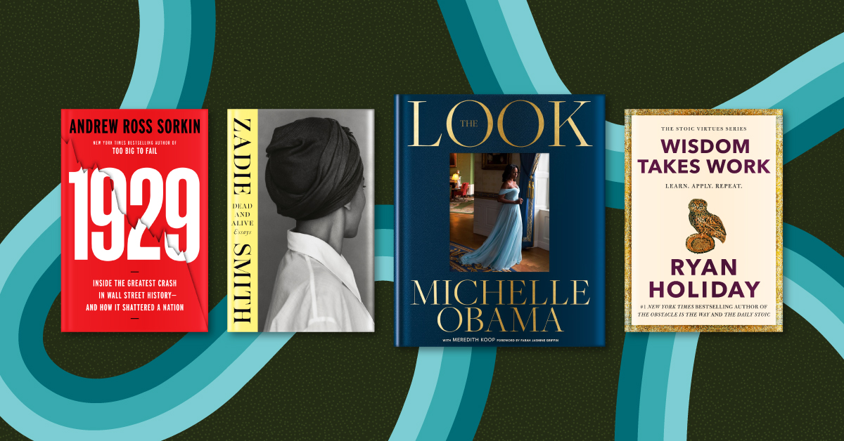 Four book covers; 1929, Dead and Alive, Look, and Wisdom Takes Work against a black and teal background