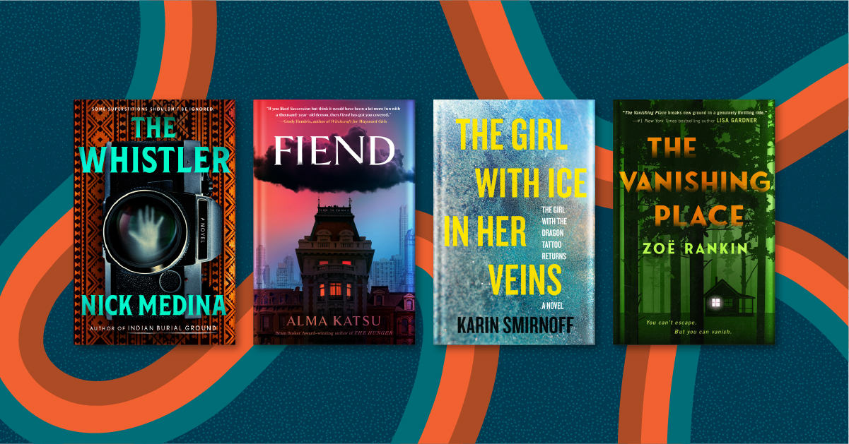 four book covers; The Whistler, Fiend, The Girl With Ice in Her Veins, The Vanishing Place