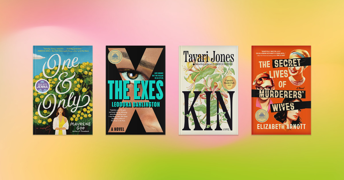 Four book covers; One & Only, The Exes, Kin, The Secret Lives of Murderers' Wives