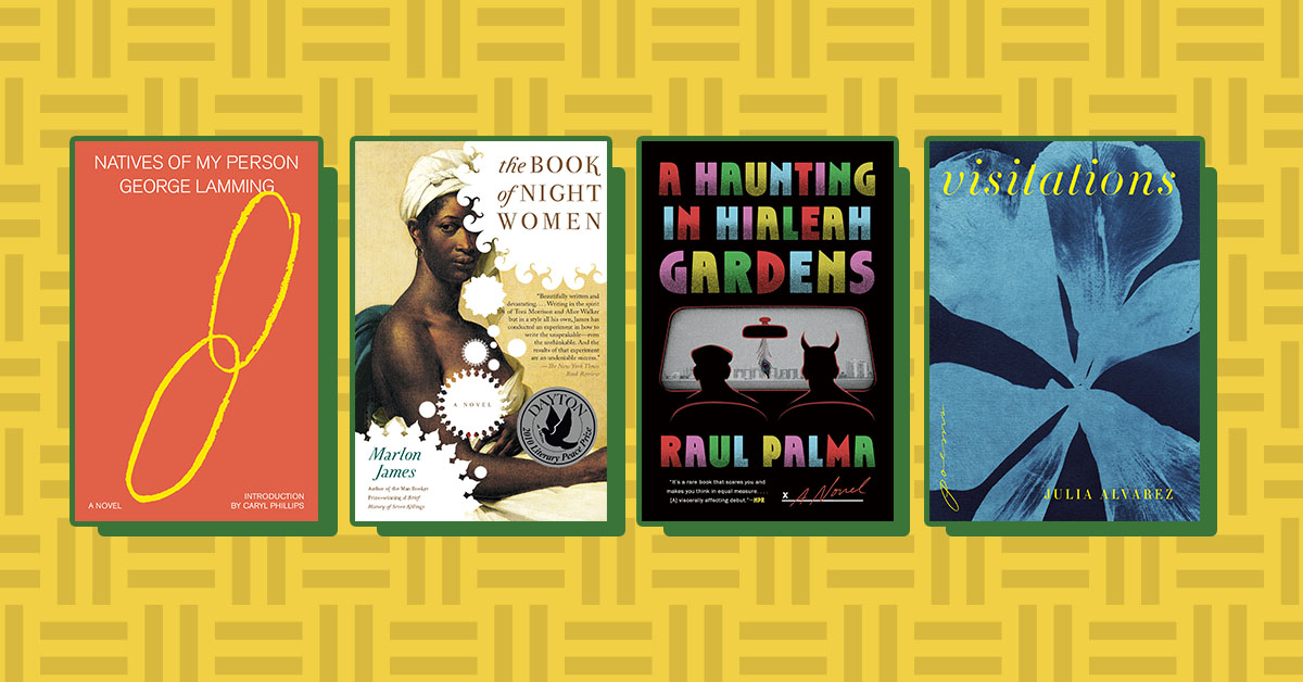Four book covers; Natives of My Person, The Book of Night Women, A Haunting in Hialeah Gardens, Visitations