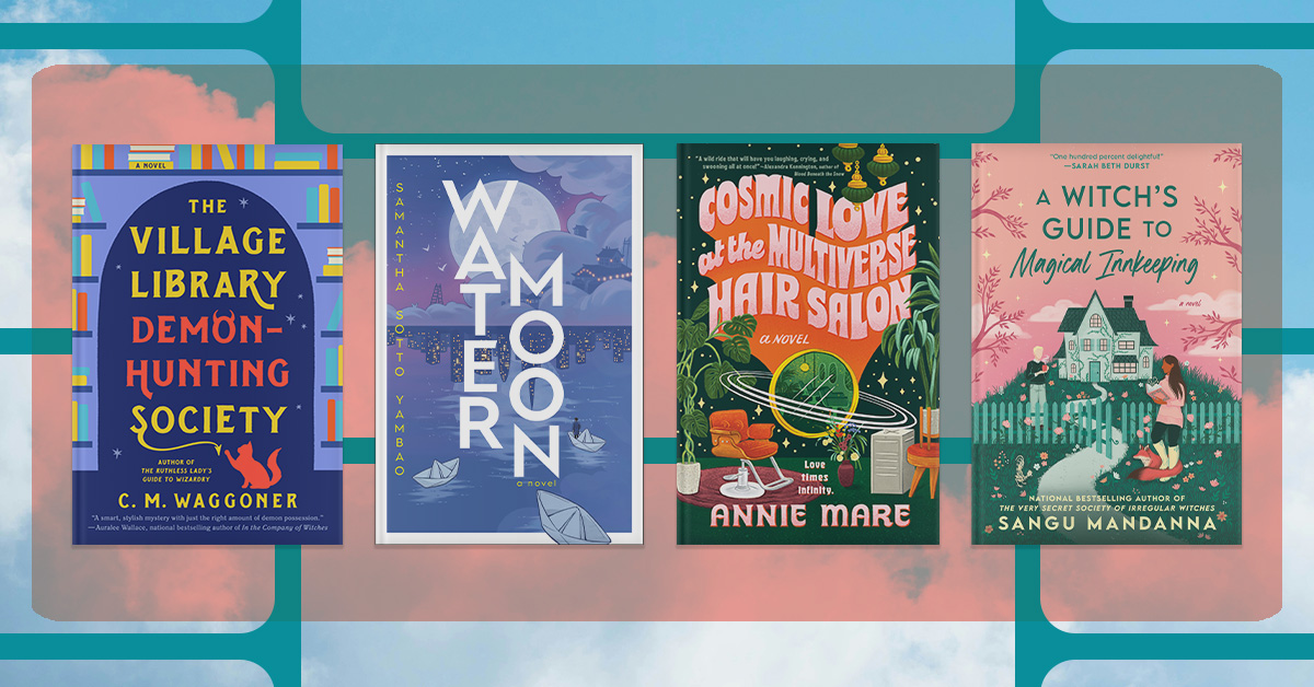 four book covers against against a pink and blue background; The Village Library Demon-Hunting Society, Water Moon, Cosmic Love at the Multiverse Hair Salon