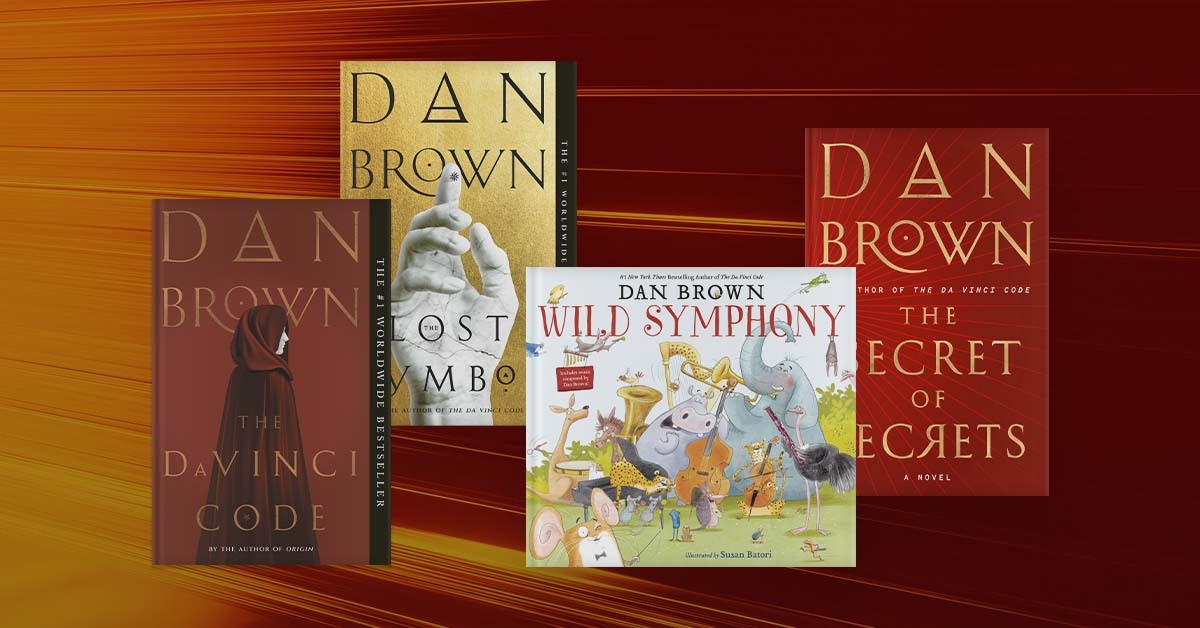 Dan Brown books; The Da Vinci Code, Lost Symbol, Wild Symphony, The Secret of Secrets against a red background