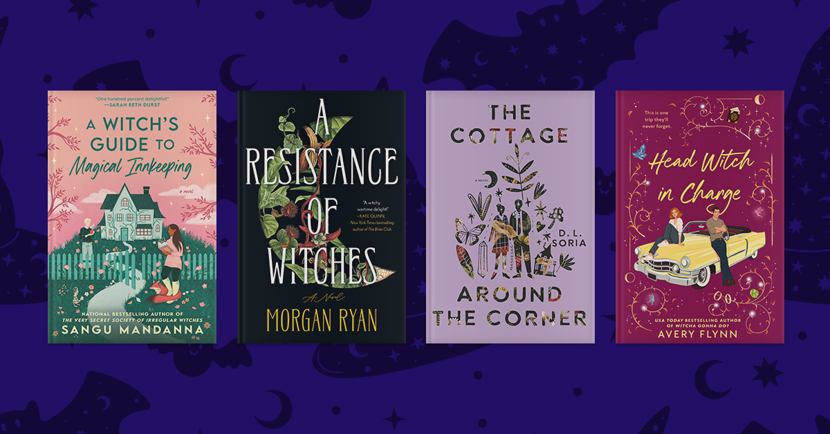 Four book covers; A Witch's Guide to Magical Innkeeping, A Resistance of Witches, The Cottage Around the Corner, and Head Witch in Charge