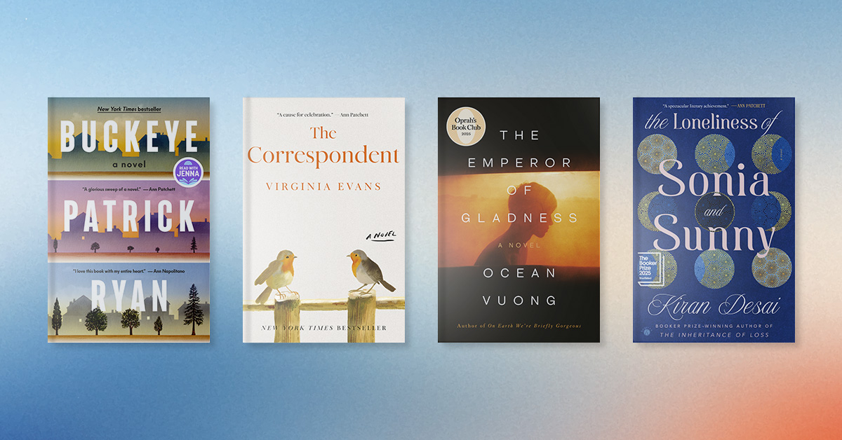 Four book covers; Buckeye, The Correspondent, The Emperor of Gladness, The Loneliness of Sonia and Sunny
