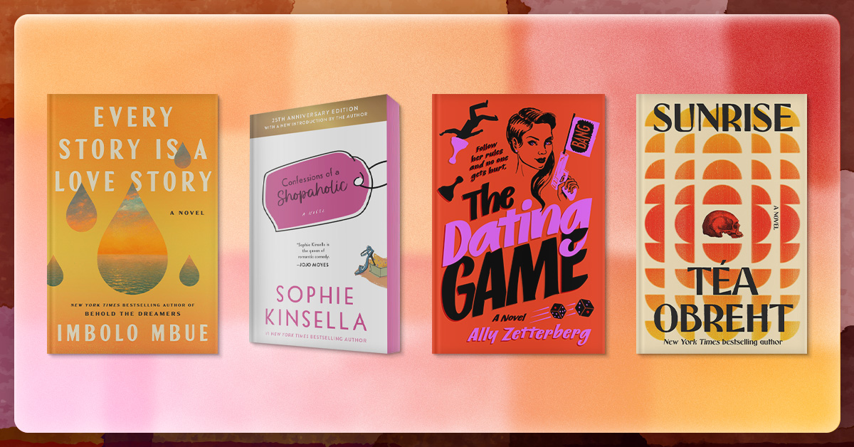 Four book covers; Every Story is a Love Story, Confessions of a Shopaholic, The Dating Game, Sunrise