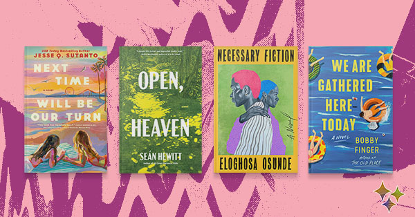 Four book covers; Next Time Will Be Our Turn, Open Heaven, Necessary Fiction, We Are Gathered Here Today